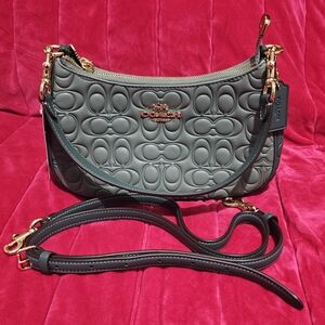 Coach Embossed Gray Shoulder Bag with Gold Accents
